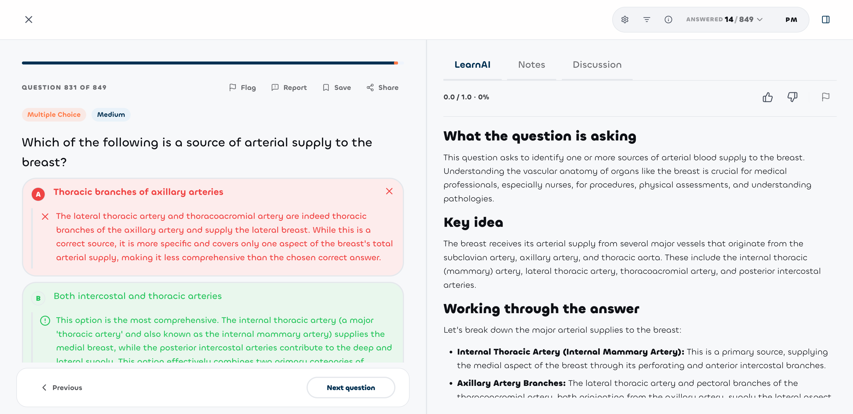 Learn exam practice interface with questions and LearnAI explanation